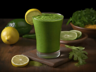 Eine Nahaufnahme eines Glases mit frisch gepresstem grünen Saft, die die leuchtend grüne Farbe und die Frische der Zutaten hervorhebt, die eine entgiftende und verjüngende Wirkung auf den Körper haben