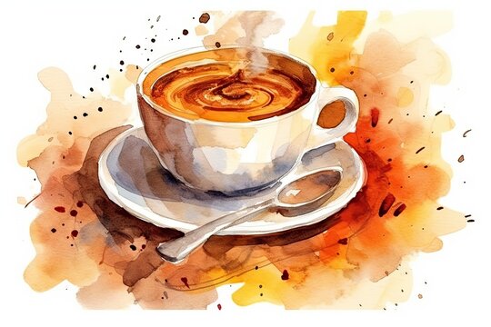 Coffee break. Colorful watercolor mug on white background. Tea art. Isolated cup illustration