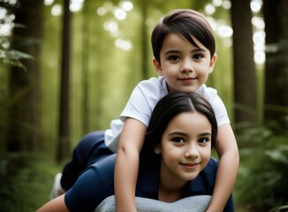 Portrait of two siblings piggy-back riding on a hike in a forest, created with generative AI