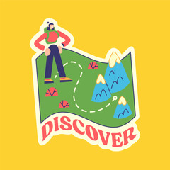 Travel Vector Retro Sticker, Pin, Stamp, Patch. A girl discovers uncharted lands. Cartoon map.