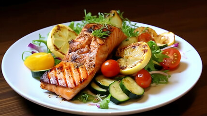 Salmon steak grill plate with vegetables in restaurant background close-up