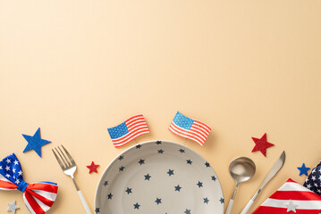 Stars of Freedom celebration menu. Top view of table setting, plate, cutlery, sparkle stars,...