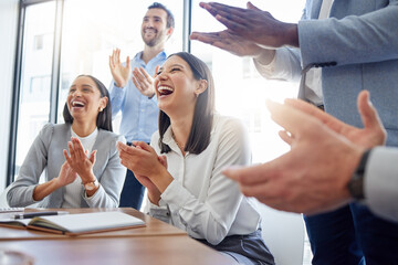 Motivation, audience with an applause and in a business meeting at work with a lens flare together. Support or celebration, success and colleagues clapping hands for good news or achievement