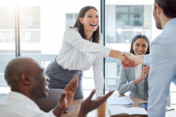 Professional, introduction and shaking hands at the office during a meeting with applause. Business person, welcome and congratulation for a collaboration in the workplace for hiring and teamwork.