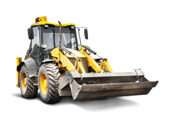 Heavy front loader or bulldozer on a white isolated background. construction machinery. Transportation and movement of bulk materials. Large bucket for earth, sand and gravel.