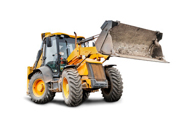 Heavy front loader or bulldozer on a white isolated background. construction machinery. Transportation and movement of bulk materials. Large bucket for earth, sand and gravel.