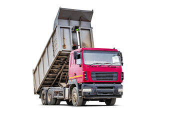Large dump truck car with a raised body on a white isolated white background. Car for transportation of heavy bulk cargo. Construction equipment. Element for design. © Anoo