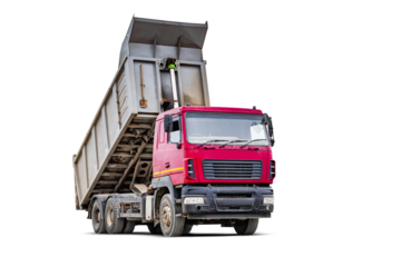 Large dump truck car with a raised body on a white isolated white background. Car for transportation of heavy bulk cargo. Construction equipment. Element for design.