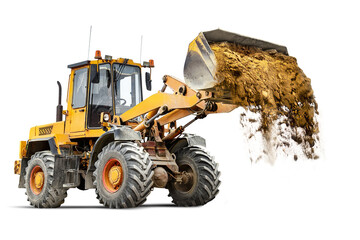 Powerful wheel loader or bulldozer isolated on white background. The loader pours sand from the...
