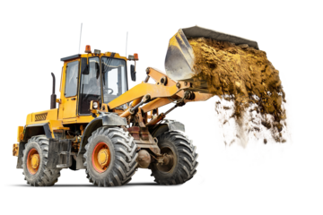 Powerful wheel loader or bulldozer isolated on white background. The loader pours sand from the bucket. Powerful modern equipment for earthworks. Rental of construction equipment.