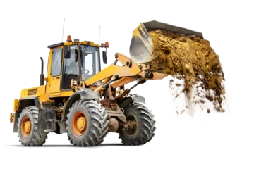 Fotobehang Vrachtwagen Powerful wheel loader or bulldozer isolated on white background. The loader pours sand from the bucket. Powerful modern equipment for earthworks. Rental of construction equipment.  © Anoo