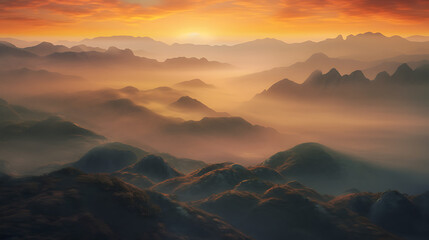 Fototapeta na wymiar Peaceful Sunset Over Misty Mountains Generative AI