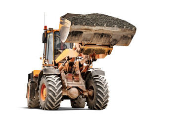Powerful wheel loader or bulldozer isolated on white background. The loader transports crushed...