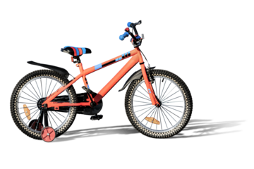 Children's Bicycle with extra wheels isolated on a white background. Teaching a child to ride a bike. Element for design. Teen Loy's bike.