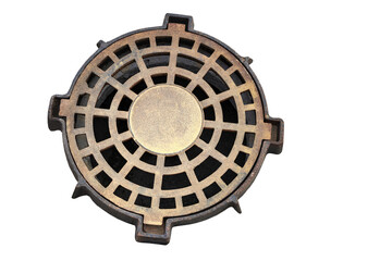 Cast iron storm sewer manhole on a white isolated background. Manhole cover for a sewer well. Wastewater disposal.