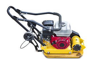 Vibrating rammer on a white isolated background. Vibratory plate compactor designed for the compaction of granular, mixed materials with some cohesive content.