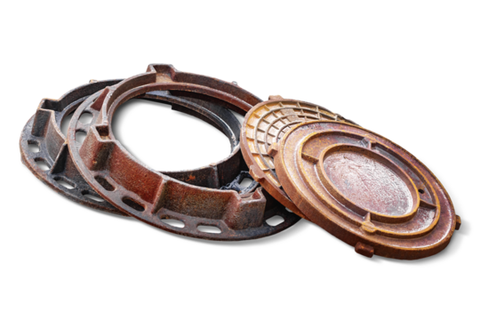 Sewer manhole prepared for installation on a white isolated background. Manhole cover for a sewer well.