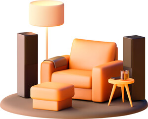 Vector leather armchair with side table and ottoman. Modern furniture. Leather armchair, floor lamp, side table and speakers