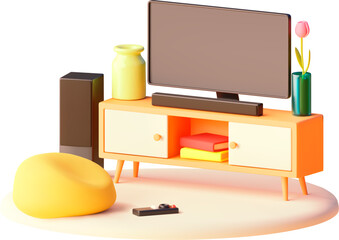 Vector tv stand with bean bag chair illustration. Modern furniture. Tv, soundbar with subwoofer, pouf and remote control