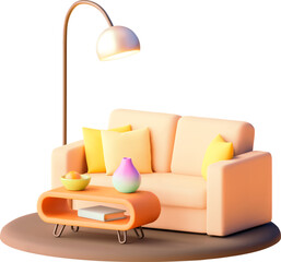 Vector sofa with coffee table illustration. Modern furniture. Sofa with cushion, wooden center table and floor lamp