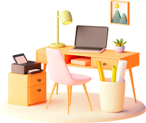 Vector workplace with desk, chair and laptop illustration. Home office furniture. Desk lamp, computer, printer stand - 609607539