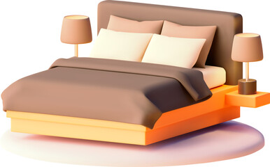 Vector bed with bedding and bedside lamps illustration. Modern furniture. Bed with blanket, pillows, lamps - 609607561
