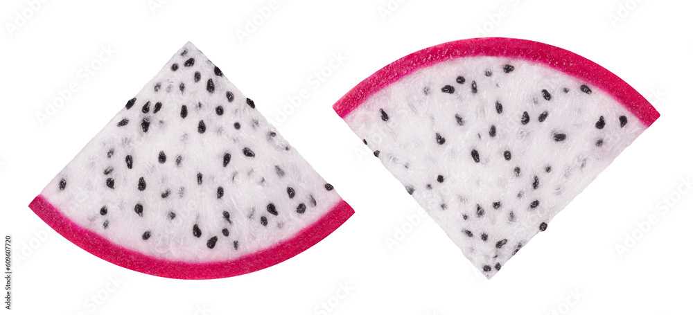 Wall mural Pitahaya isolated. Ripe dragon fruit or pitaya cut into slices isolated on white background.