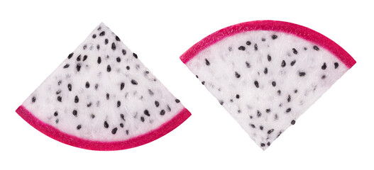 Pitahaya isolated. Ripe dragon fruit or pitaya cut into slices isolated on white background.