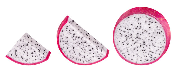 Pitahaya isolated. Ripe dragon fruit or pitaya cut into slices isolated on white background.