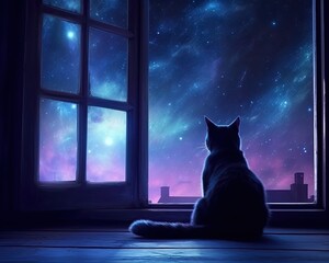 serene nighttime scene with a cat sitting on a windowsill, gazing at the moon. deep blues and purples for the sky and add delicate stars to create a dreamy atmosphere