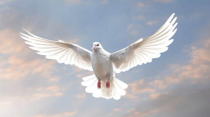 Obraz premium Closeup of Clean White Dove Flying in the Bright Blue Sky. Symbolizes Purity, Peace, Cleanliness, Innocence, and The Holy Spirit.