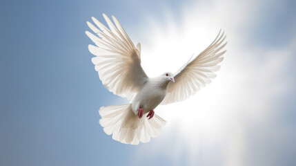 Closeup of Clean White Dove Flying in the Bright Blue Sky. Symbolizes Purity, Peace, Cleanliness, Innocence, and The Holy Spirit.