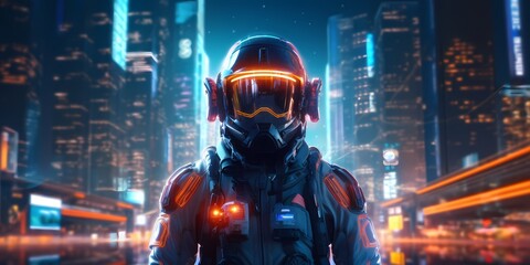 Retrofuturistic illustration of astronaut in futuristic neon lit cyberpunk city. Neon pink blue violet night astronaut. Generative ai. Illustration art. - obrazy, fototapety, plakaty