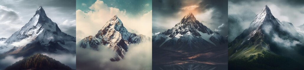Set of mountain landscapes. Design element for poster, card, banner, flyer. Four peaks set. Generative Ai.