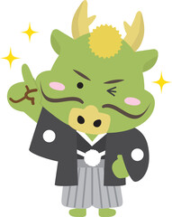 人差し指を差してポイントを示す着物姿の龍の全身イラスト