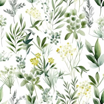 Vibrant watercolor seamless floral pattern with eucalyptus leaves in trendy lime green. Perfect for designs: wallpapers, textile. Generative Ai.