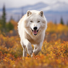 Obraz premium Polarwolf sprintet in freier Wildbahn sprintet in der arktischen Tundra