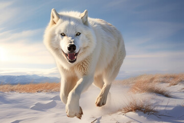 Polarwolf sprintet in freier Wildbahn sprintet in der arktischen Tundra