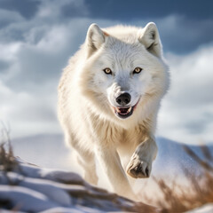 Naklejka premium Polarwolf sprintet in freier Wildbahn sprintet in der arktischen Tundra