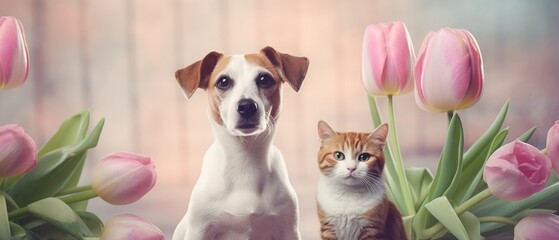 Tło fotograficzne, banner reklamowy, jack russel terrier na pastelowym tle, kwiaty, tulipany - obrazy, fototapety, plakaty