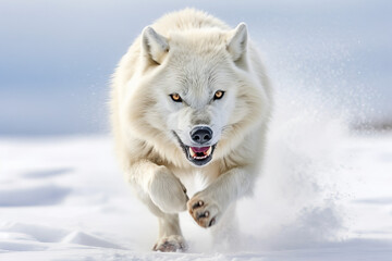 Obraz premium Polarwolf sprintet in freier Wildbahn sprintet in der arktischen Tundra