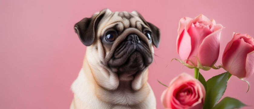 Tło fotograficzne, banner reklamowy, mops na pastelowym tle, kwiaty, tulipany