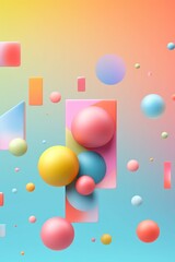Pattern made of random 3d shapes, blob, spheres etc on pastel colored background with gradient. Generated AI.