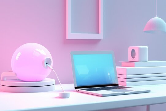 White, blue and pink neon colored room with working table and various technology gadgets. Laptop, computer, screen, phone, keyboard, speakers, light. Home office. Generated AI.