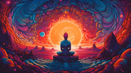 human meditating in the universe with concentrate inner energy. Generative AI