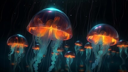 neon jellyfish in the sea. blue glow jellyfish. ai generated