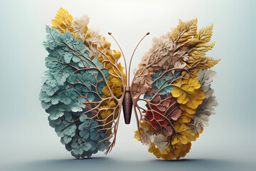 the lungs are detailed in the shape of butterflies and plants, in the style of colorful mindscapes