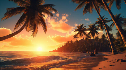 Palm tree on the beach with sunset on background. 