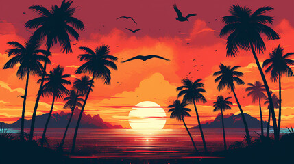 Palm beach synthwave sunset skyline birds retro 80s. 