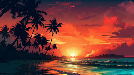 Fototapeta na wymiar Paradise palms Hawaii silhouette sea. generative AI